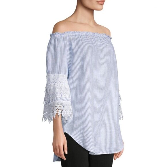 Saks Fifth Avenue 100& Linen Off-or on-Shoulder Blue Striped Lace Blouse Size M - Picture 2 of 16